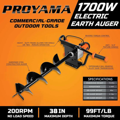 PROYAMA Electric Post Hole Digger, 1700W Corded Earth Auger with 4" 6" 8" Drill Bit, 12" Extension Rod, Reverse Control, 5-Year Warranty Gear Box, Ideal for Post Hole Digging, Drilling, Tree Planting