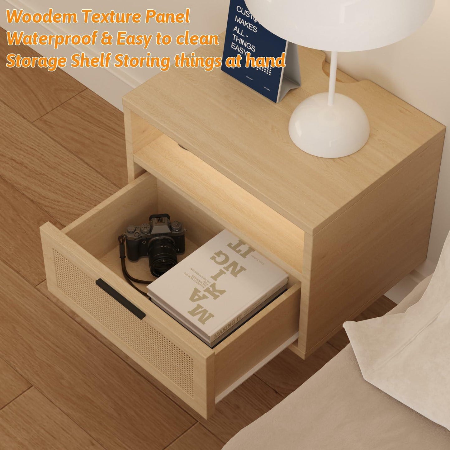 Floating nightstand Set of 2 with USB Ports, outlets, and led Light Strip – Modern Wall-Mounted nightstands with Oak and Rattan Design (Floating nightstand Set of 2)