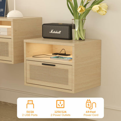 Floating nightstand Set of 2 with USB Ports, outlets, and led Light Strip – Modern Wall-Mounted nightstands with Oak and Rattan Design (Floating nightstand Set of 2)