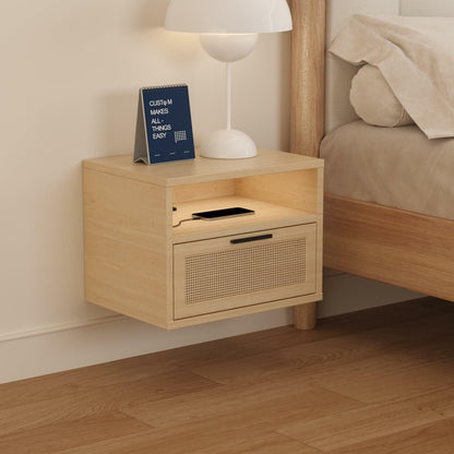 Floating nightstand Set of 2 with USB Ports, outlets, and led Light Strip – Modern Wall-Mounted nightstands with Oak and Rattan Design (Floating nightstand Set of 2)