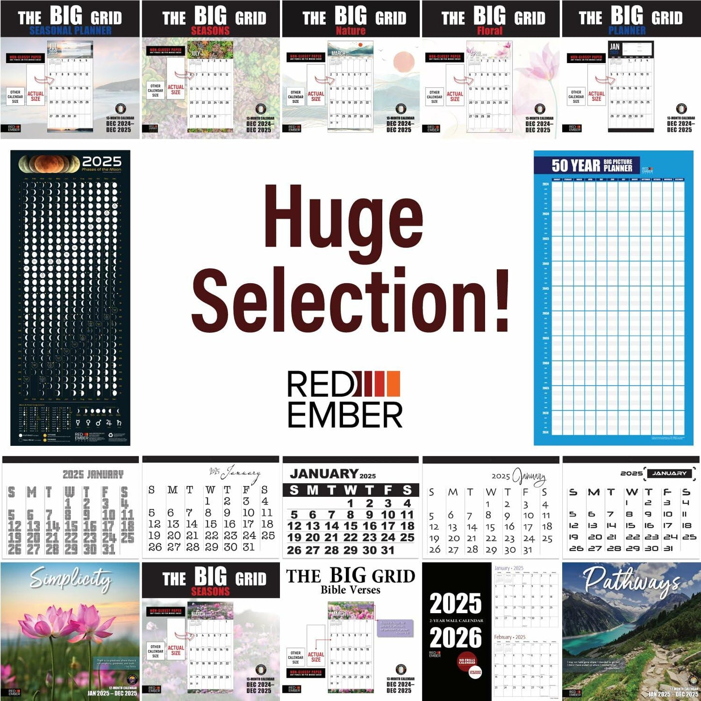 RED EMBER The Colossal 2025 Wall Calendar 12 Month - Techno | 48" x 36" | Chic Modern Design | Calendar 2025