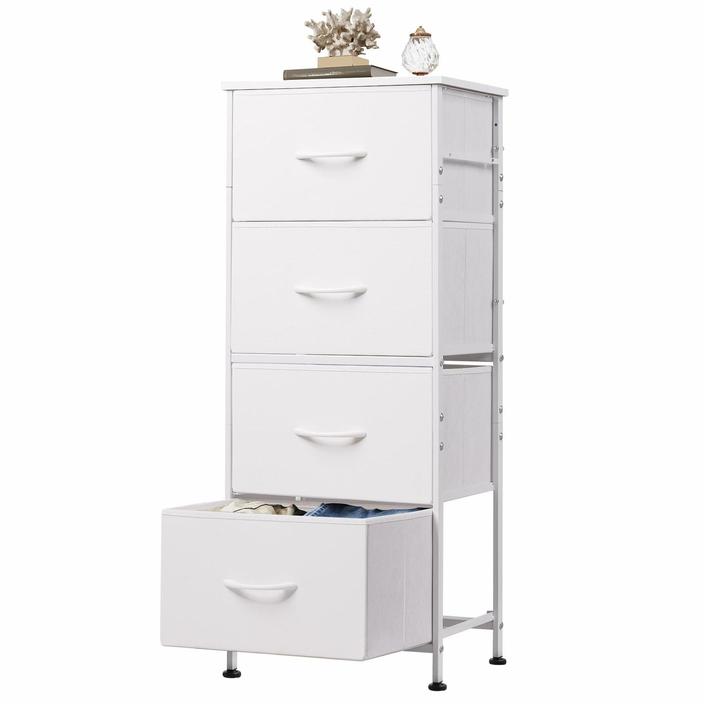 WLIVE Dresser with 4 Drawers, Storage Tower, Organizer Unit, Fabric Dresser for Bedroom, Hallway, Entryway, Closets, Sturdy Steel Frame, Wood Top, Easy Pull Handle, White