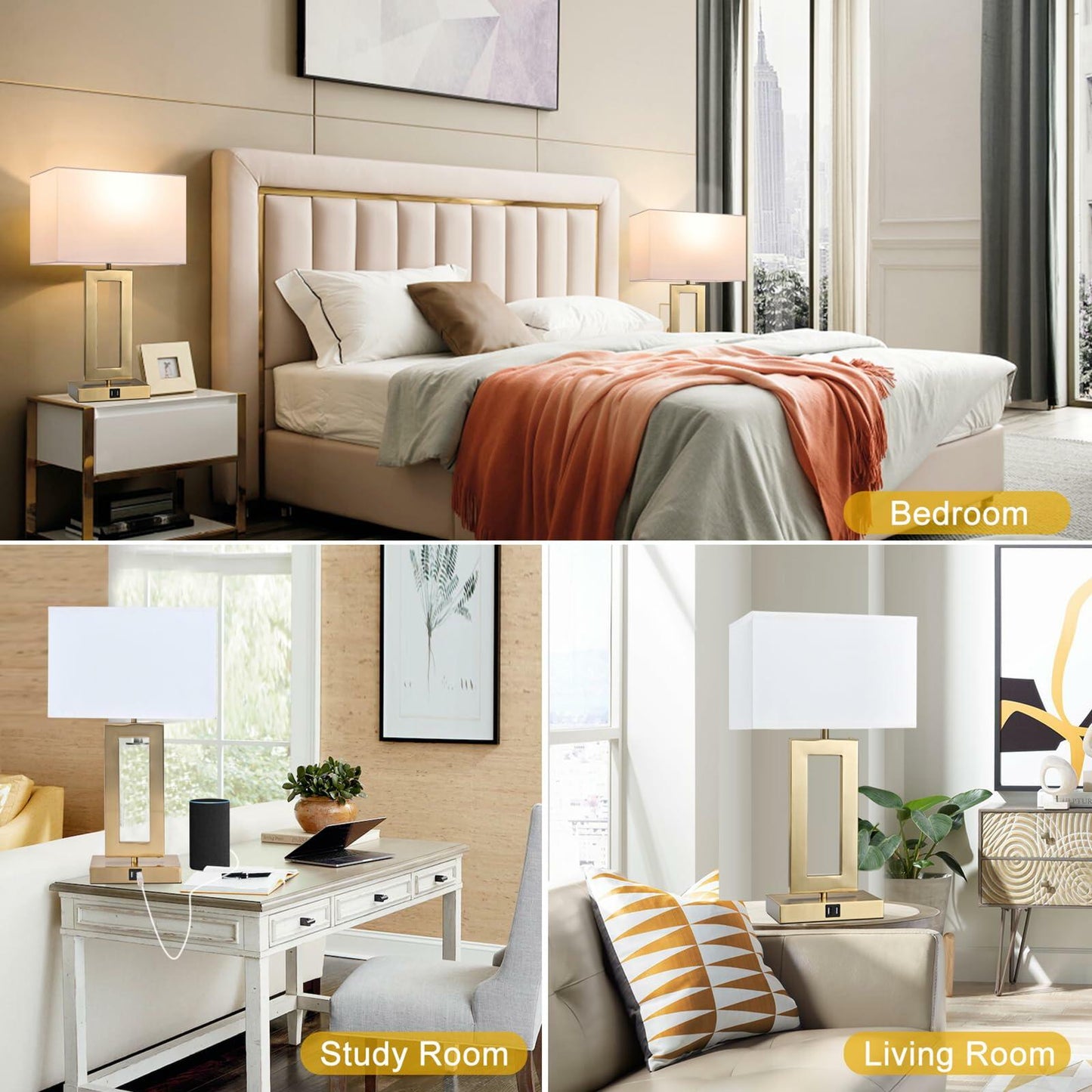 22’’ Set of 2 Touch Control Table Lamps w. 2 USB Ports, 3-Way Dimmable Bedroom Bedside Nightstand, Modern Gold&White Touch Lamps for Living Room End Table, LED Bulbs Included