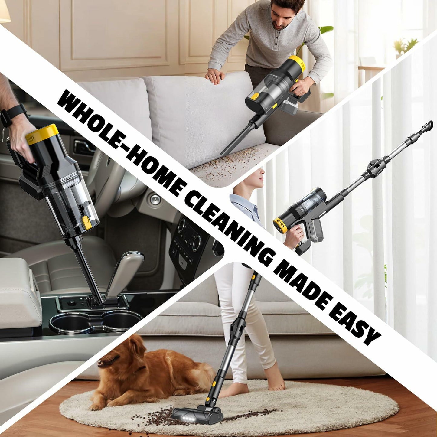 LIVOWALNY Cordless Vacuum Cleaner Compatible with DeWalt 20V Battery, 350W Brushless 40kPa, 180° Flex Wand, 0.8L Double Dust Cup, LED Floor Brush for Hardwood & Carpet (Battery Not Included)