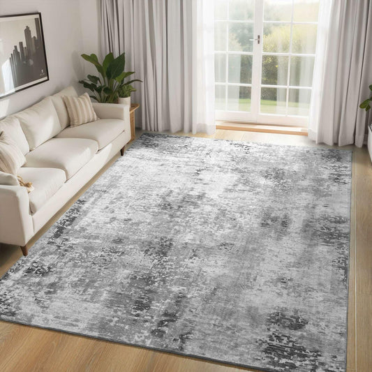 Living Room Rug 5x7 Gray Area Rug Machine Washable Boho Rug Non Slip Abstract Vintage Indoor Large Rugs for Bedroom, Classroom, College Dorm, Farmhouse, Dining Room, Kids Playroom