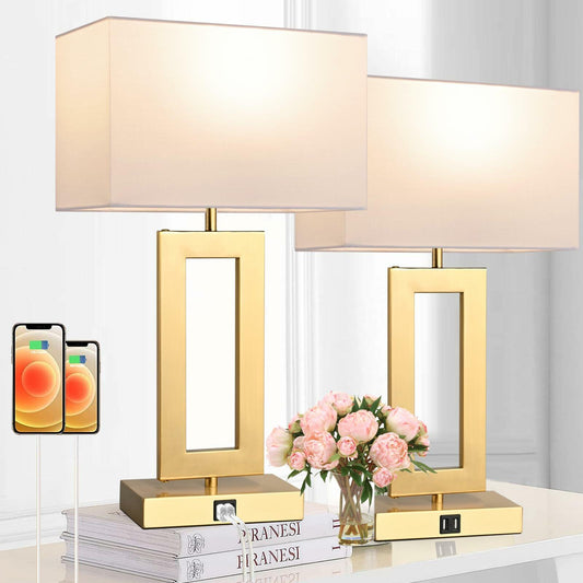 22’’ Set of 2 Touch Control Table Lamps w. 2 USB Ports, 3-Way Dimmable Bedroom Bedside Nightstand, Modern Gold&White Touch Lamps for Living Room End Table, LED Bulbs Included