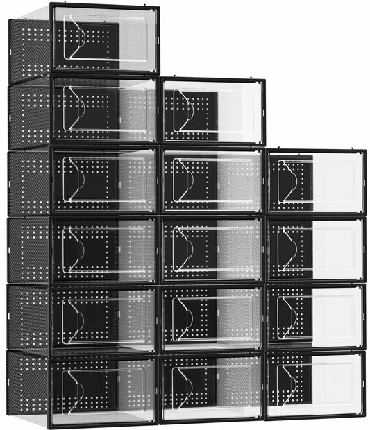 Foluck Shoe Storage Box, 15 Pack Clear Plastic Stackable Shoe Organizer for Closet, Interlocking Design for Sneakers, Foldable Shoes Container Rack with Lids, Black