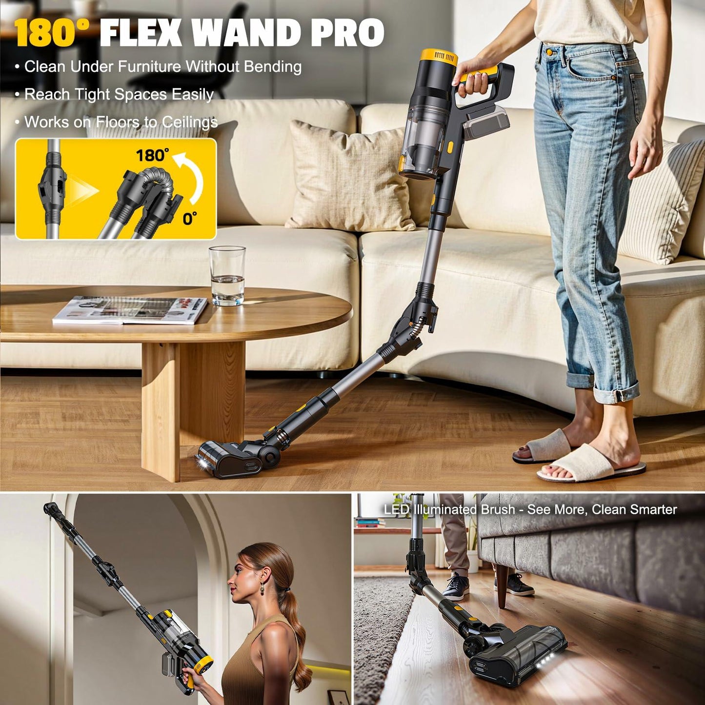 LIVOWALNY Cordless Vacuum Cleaner Compatible with DeWalt 20V Battery, 350W Brushless 40kPa, 180° Flex Wand, 0.8L Double Dust Cup, LED Floor Brush for Hardwood & Carpet (Battery Not Included)