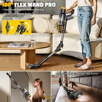 LIVOWALNY Cordless Vacuum Cleaner Compatible with DeWalt 20V Battery, 350W Brushless 40kPa, 180° Flex Wand, 0.8L Double Dust Cup, LED Floor Brush for Hardwood & Carpet (Battery Not Included)