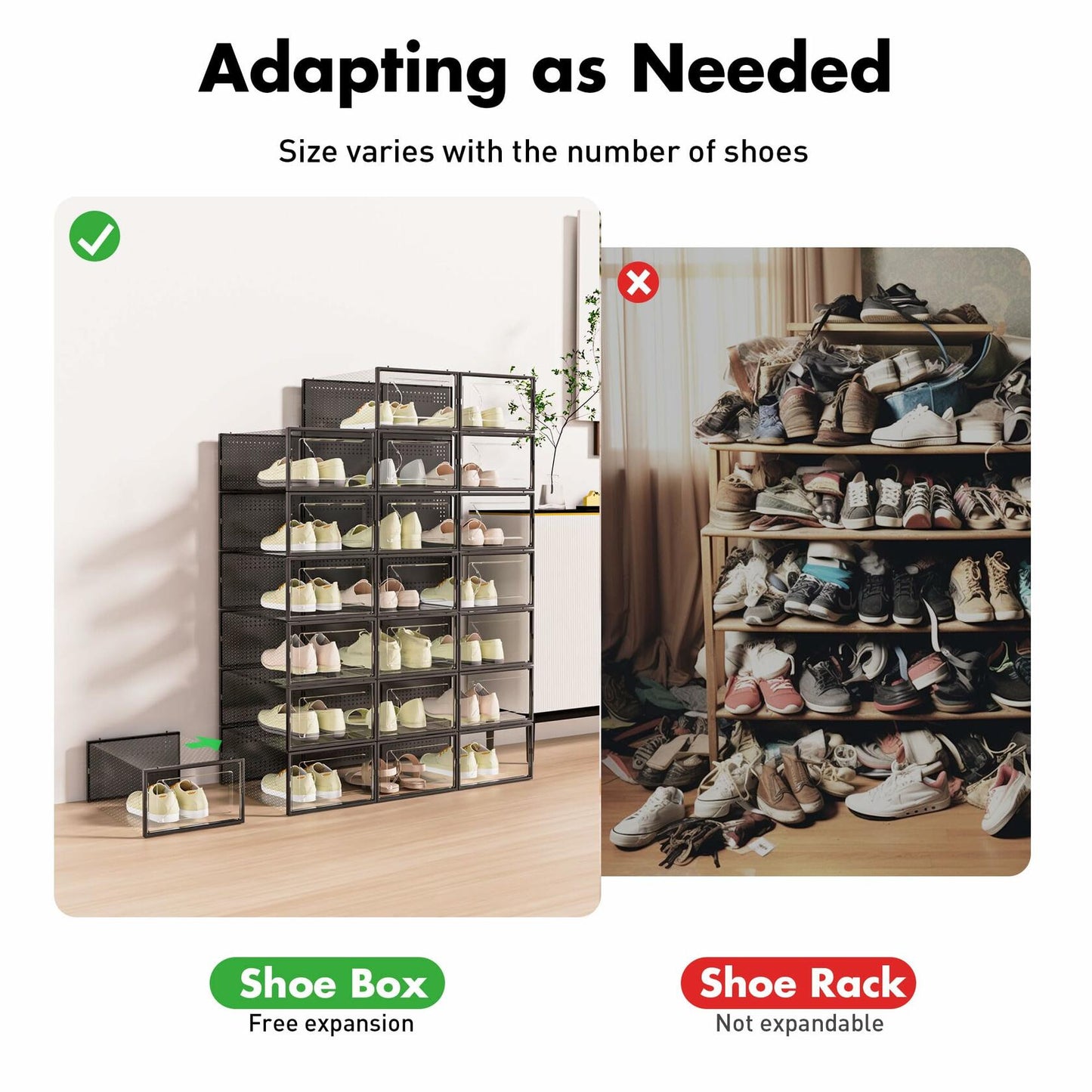 Foluck Shoe Storage Box, 15 Pack Clear Plastic Stackable Shoe Organizer for Closet, Interlocking Design for Sneakers, Foldable Shoes Container Rack with Lids, Black