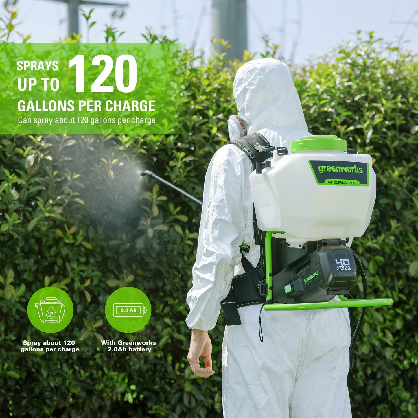 Greenworks 40V Cordless Backpack Sprayer (4 Gallon / 5 Tips / 25 FT Spray) For Weeding, Spraying, and Cleaning, 2.0Ah Battery and Charger Included