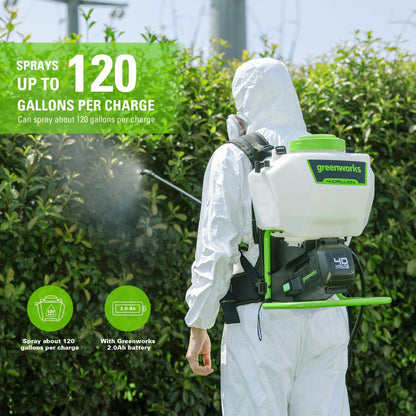 Greenworks 40V Cordless Backpack Sprayer (4 Gallon / 5 Tips / 25 FT Spray) For Weeding, Spraying, and Cleaning, 2.0Ah Battery and Charger Included