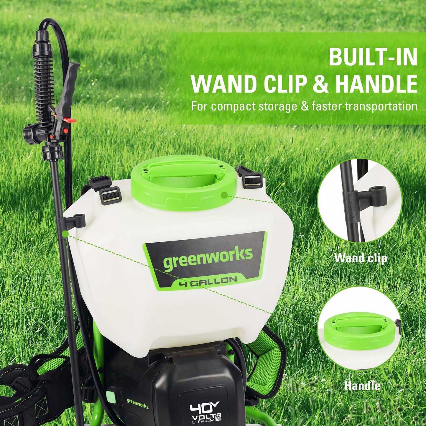 Greenworks 40V Cordless Backpack Sprayer (4 Gallon / 5 Tips / 25 FT Spray) For Weeding, Spraying, and Cleaning, 2.0Ah Battery and Charger Included