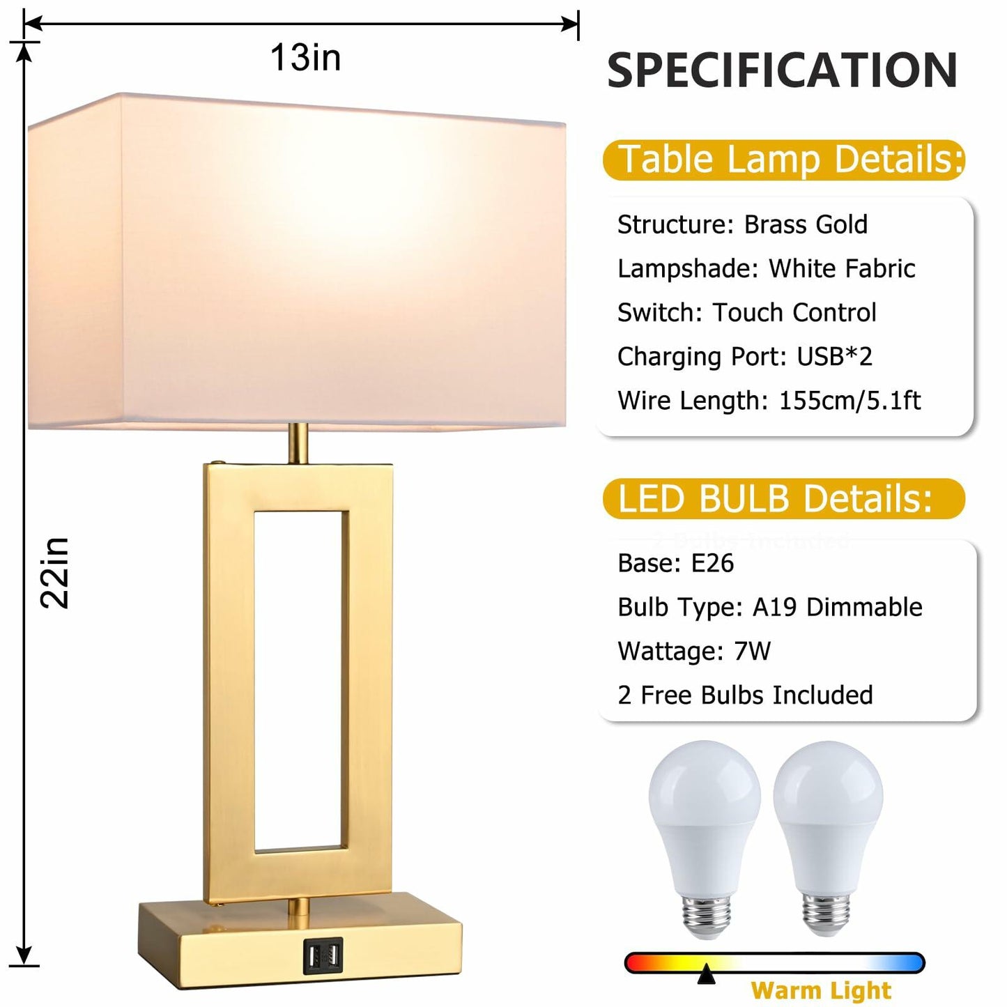 22’’ Set of 2 Touch Control Table Lamps w. 2 USB Ports, 3-Way Dimmable Bedroom Bedside Nightstand, Modern Gold&White Touch Lamps for Living Room End Table, LED Bulbs Included