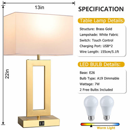 22’’ Set of 2 Touch Control Table Lamps w. 2 USB Ports, 3-Way Dimmable Bedroom Bedside Nightstand, Modern Gold&White Touch Lamps for Living Room End Table, LED Bulbs Included